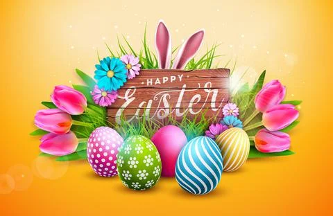 Vector Happy Easter Holiday Illustration withPainted Egg, Tulip and Spring Stock Illustration