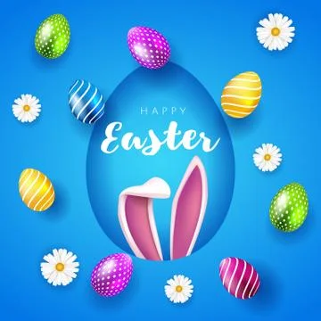 Vector Happy Easter Party Flyer Illustration with painted eggs, rabbit ears and イラスト素材