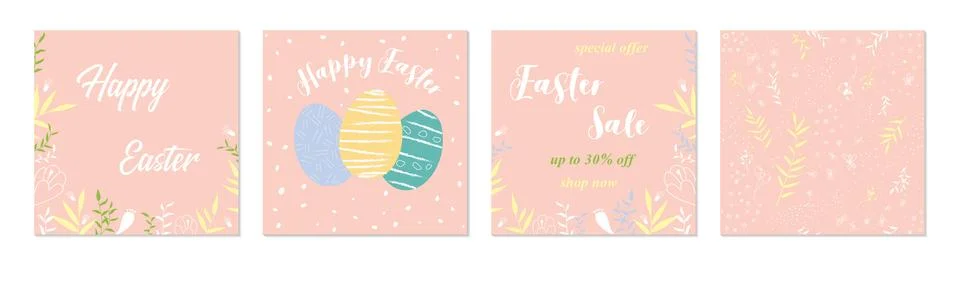 Vector Happy Easter templates square with eggs, flowers and typographic desig Stock Illustration