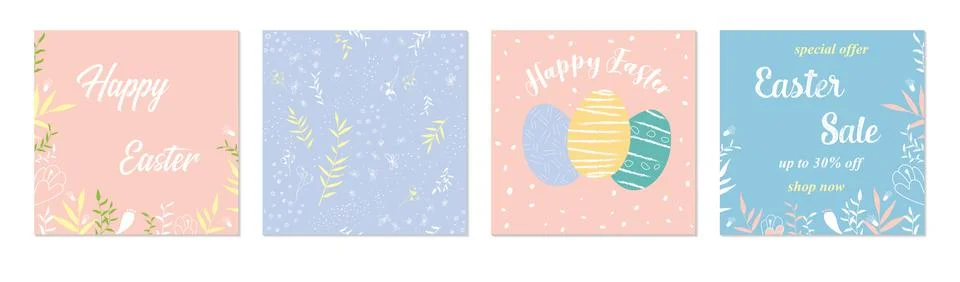 Vector Happy Easter templates square with eggs, flowers and typographic desig Stock Illustration