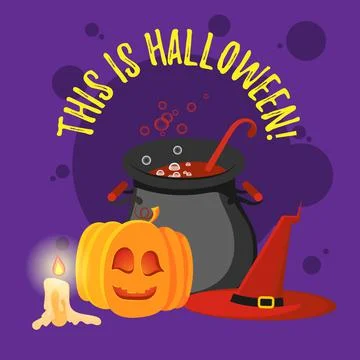 Vector Happy Halloween poster, Witch hat, pot, pumpkin and candle. Cartoon Stock Illustration