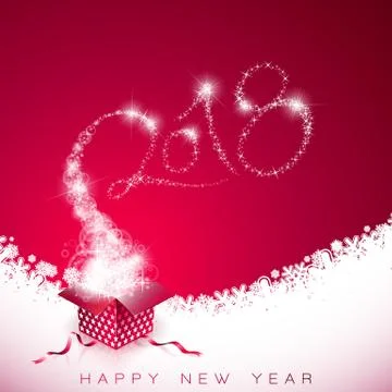 Vector Happy New Year 2018 Illustration on Red Background with Gift Box and Stock Illustration