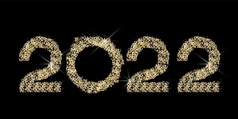 Vector. Happy new year 2022 logo text design with gold glitter. Stock Illustration