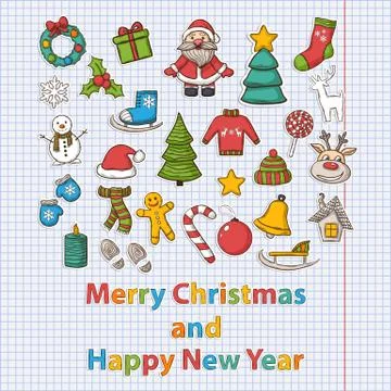 Vector Happy New Year and Merry Christmas set Stock Illustration