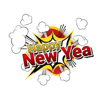 Vector - happy new year Comic book style words isolated on white background. Stock Illustration