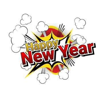 Vector - happy new year Comic book style words isolated on white background. Stock Illustration