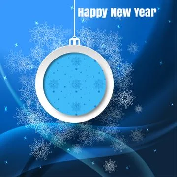 Vector Happy New Year gradient blue background with hanging Christmas ball la Stock Illustration