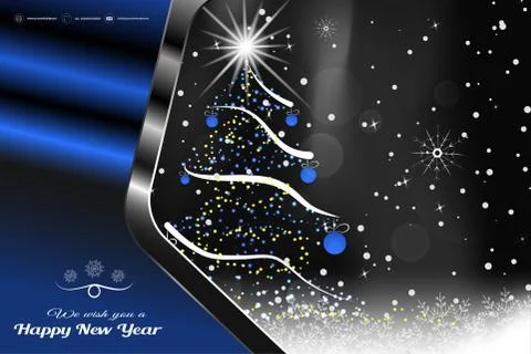 Vector Happy New Year poster in the metal blue frame with Christmas tree, blu Stock Illustration