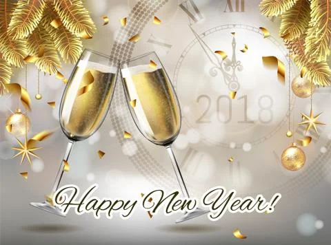 Vector Happy New Year with toasting glasses of champagne on sparkling winter Stock Illustration
