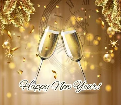 Vector Happy New Year with toasting glasses of champagne on gold shine winter Stock Illustration