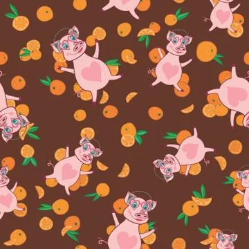 Vector Happy Pig in Bright Oranges Pattern Stock Illustration