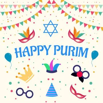 Vector happy purim flat design illustration with many ornament Stock Illustration