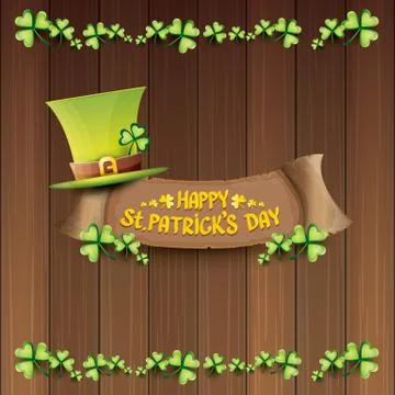 Vector happy saint patricks day label or poster with green hat, lucky clovers Illustrazione stock