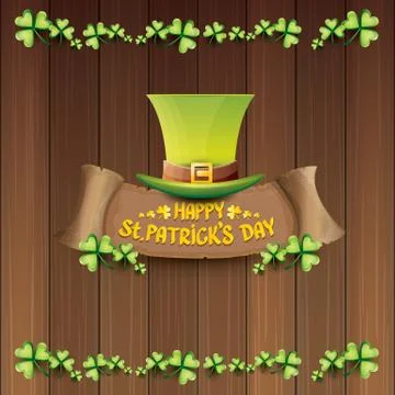 Vector happy saint patricks day label or poster with green hat, lucky clovers Stockillustratie