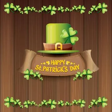 Vector happy saint patricks day label or poster with green hat, lucky clovers Stock-Illustration