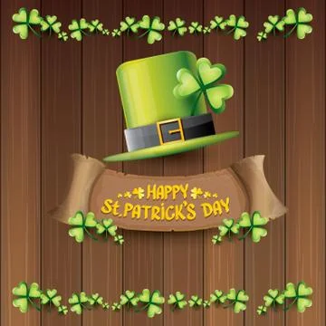 Vector happy saint patricks day label or poster with green hat, lucky clovers Stock Illustration