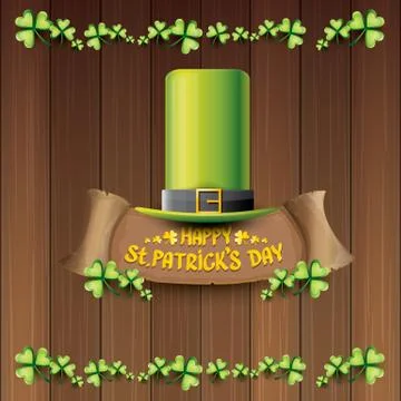 Vector happy saint patricks day label or poster with green hat, lucky clovers Illustrazione stock