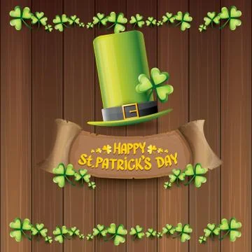 Vector happy saint patricks day label or poster with green hat, lucky clovers Stock Illustration