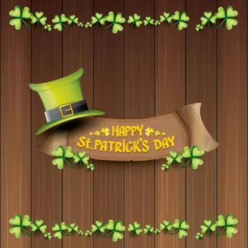 Vector happy saint patricks day label or poster with green hat, lucky clovers Illustrazione stock