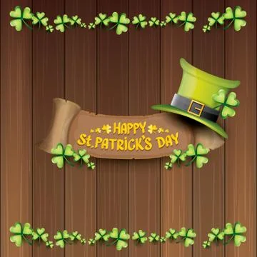 Vector happy saint patricks day label or poster with green hat, lucky clovers Illustrazione stock
