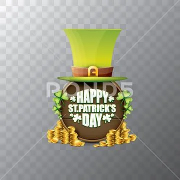 Vector happy saint patricks day label or poster with green hat, lucky clovers Stock Illustration