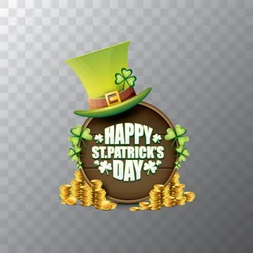 Vector happy saint patricks day label or poster with green hat, lucky clovers Stock Illustration