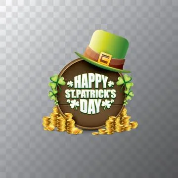 Vector happy saint patricks day label or poster with green hat, lucky clovers Stock Illustration