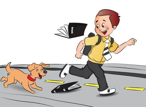 Vector of happy schoolboy running with pet dog, books falling. 库存插图