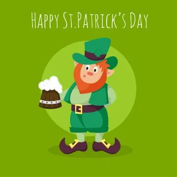 Vector Happy St.Patrick's Day greeting card with Leprechaun holding a mug of  Stock Illustration