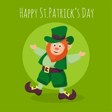 Vector Happy St.Patrick's Day greeting card with happy Leprechaun on green ba Stock Illustration