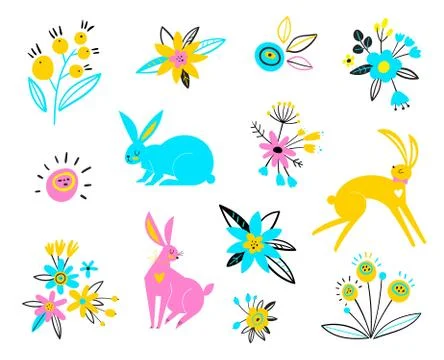 Vector hares on a white background. Multi-colored rabbits for Easter design Stock Illustration