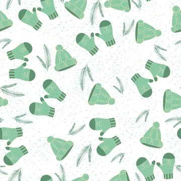 Vector hat mittens christmas tree branch on a white background seamless pattern. Stock Illustration