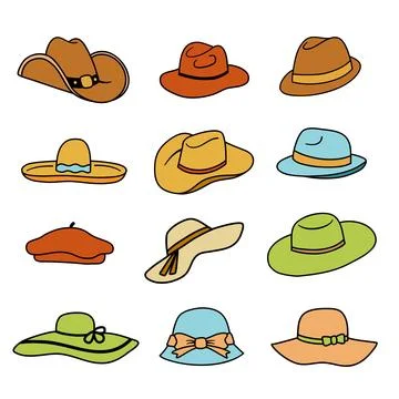 Vector hats in flat style. Colorful male and female hat Stock Illustration