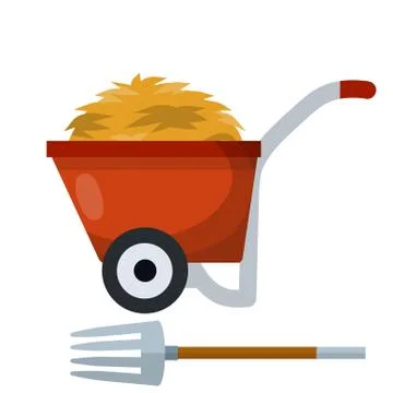 Vector Haystack, red wheelbarrow, pitchfork. Illustrazione stock