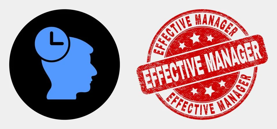 Vector Head Clock Icon and Grunge Effective Manager Seal Illustrazione stock