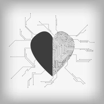 Vector : Heart and electronic circuit on gray background Stock Illustration