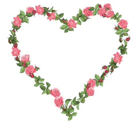 Vector heart frame of red roses flowers isolated on a white background. Stock Illustration