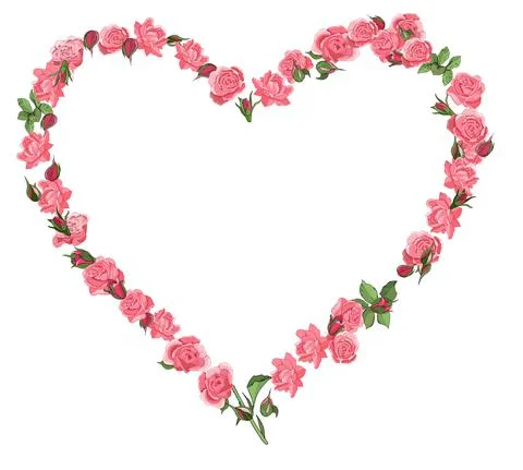 Vector heart frame of red roses flowers isolated on a white background. Stock Illustration