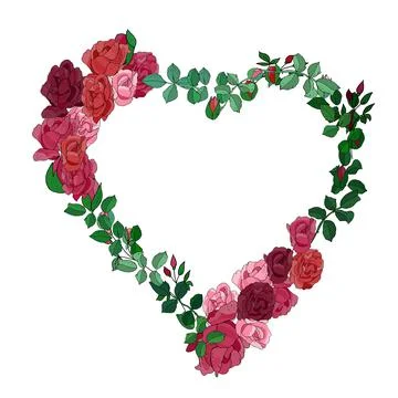 Vector heart frame of red roses flowers isolated on a white background. Stock Illustration