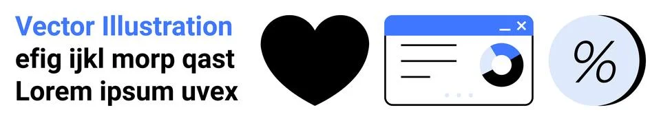 Vector heart icon, text blocks, pie chart in a blue web browser window, and p 스톡 일러스트