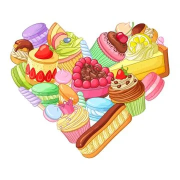 Vector heart made of sweets, pastry and cupcakes. Stock Illustration