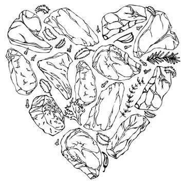 Vector heart of meat steaks outline Stock Illustration