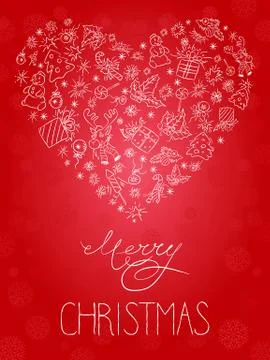 Vector heart shape from hand drawn Christmas objects and Merry Christmas hand Stock Illustration