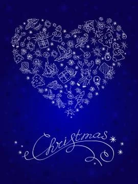 Vector heart shape from hand drawn Christmas objects and Merry Christmas hand Stock Illustration