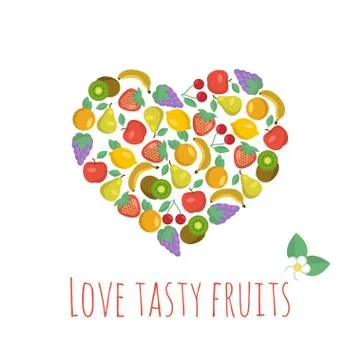Vector heart-shaped composition with tasty fruits. Vector background. Illustrazione stock