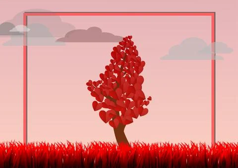 Vector : Heart tree and grass with red border on pink background Stock Illustration