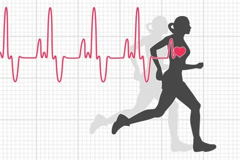 Vector heartbeat electrocardiogram and running woman Stock Illustration