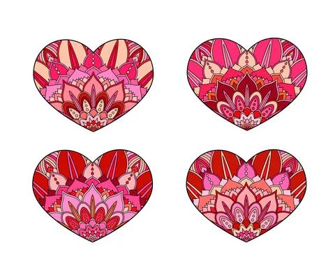 Vector Hearts set. Decorative mandala ornament. Intricate valentines collection Stock Illustration