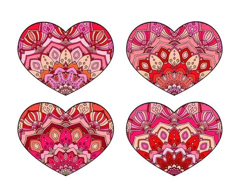 Vector Hearts set. Decorative mandala ornament. Intricate valentines collection Stock Illustration