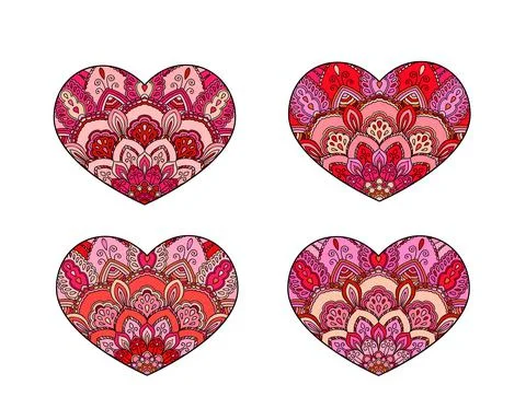 Vector Hearts set. Decorative mandala ornament. Intricate valentines collection Stock Illustration